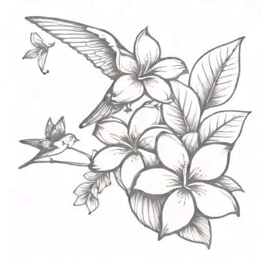 Plumeria Flower With Sparrow Bird And Butterflies