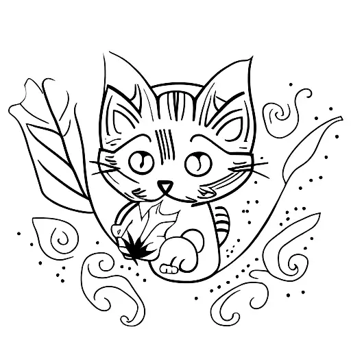 A Minimalist Tattoo Of A Cat Playing With A Leaf