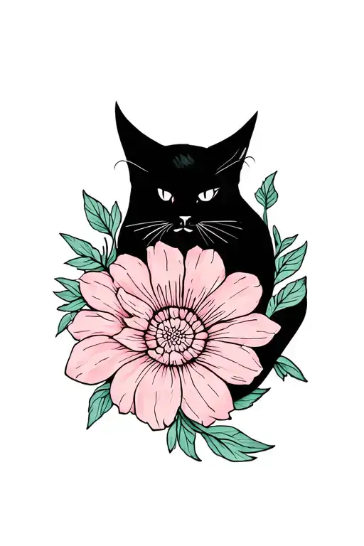 Black Cat Curled Around Flower