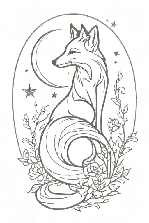 Fox With Stars And Moon And Flowers And Vines