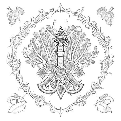 A Majestic Sword With Intricate Floral Patterns And Mushrooms Growing From Its Hilt