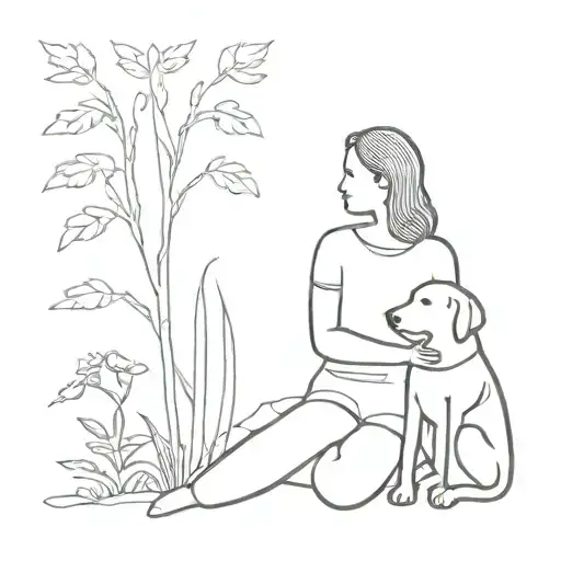A Minimalist Tattoo Of A Woman With Her Arm Around Her Dog In Nature
