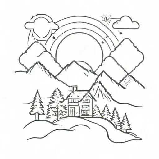 House In The Mountains With Trees Around And Sun Rising