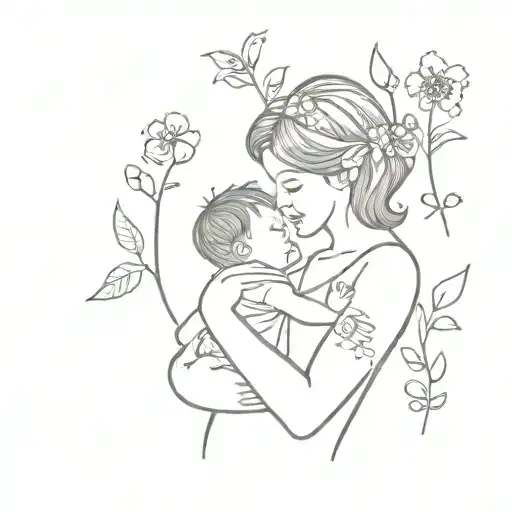 Mother Holding Her Son Surrounded By Flowers And Birthday