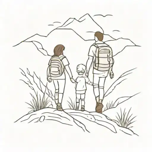 A Minimalist Tattoo Of A Mother And Son Hiking Together In The Outdoors