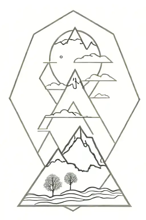 Men's Small Tattoo Black And With Bonsai Mountains And Sun In A Rhombus With Geometric Elements