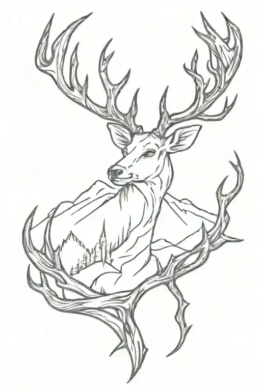 Cross With Mountains And Deer Antlers Intertwined