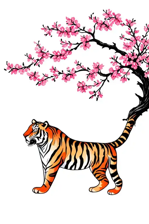 Tiger And Cherry Blossom Tree Growing From Tail