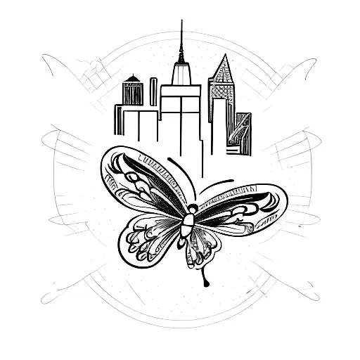 A Minimalist Tattoo Of A Butterfly With The New York City Skyline Inside Its Wings