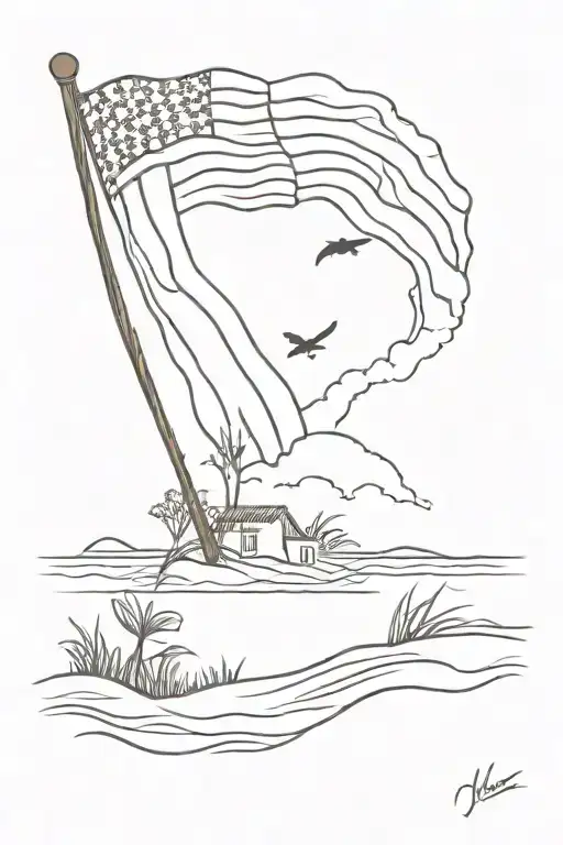 American Flag Intertwined Beach Landscape And Woods And Fishing