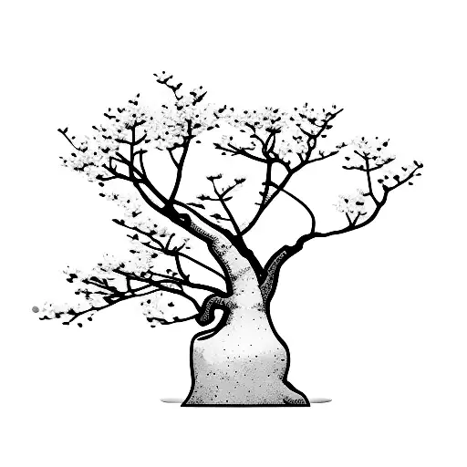 A Serene Bonsai Tree Surrounded By Delicate Cherry Blossom Petals