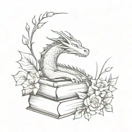 Sleeping Dragon On Books Surrounded By Florals