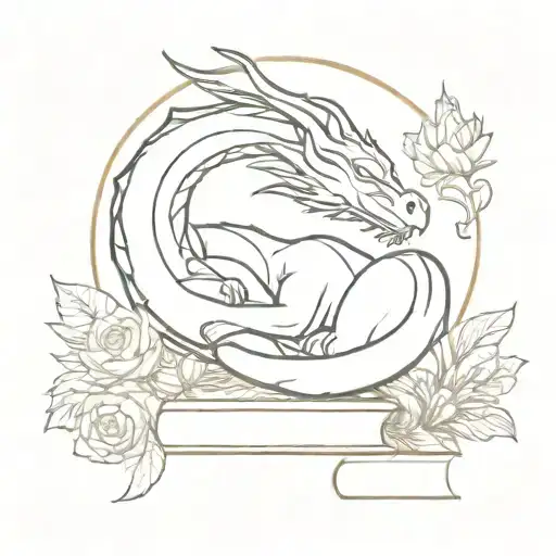 Sleeping Dragon On Books Surrounded By Florals Forming The Shape