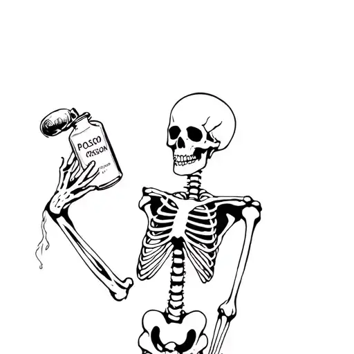 Tattoo Of A Full Body Skeleton Holding Out A Bottle That Is Labelled Poison