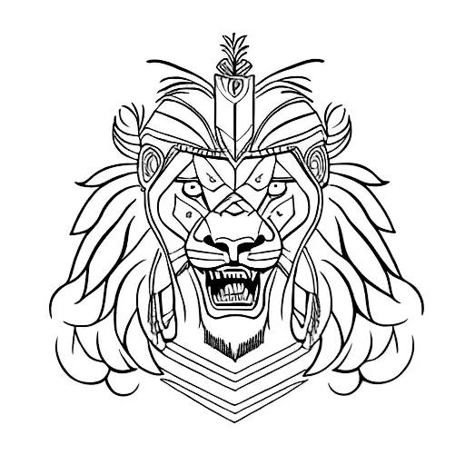 A Fierce Lion With Wings And A Spartan Helmet In Blackwork Style