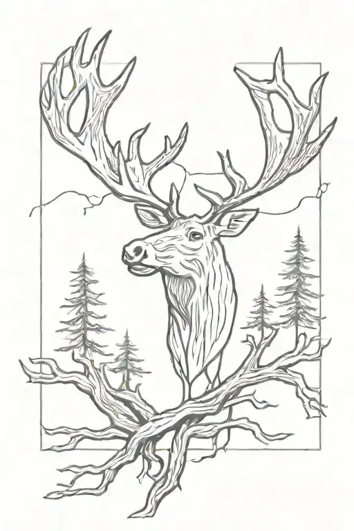 Moose Antler With Arrows And Tree Roots