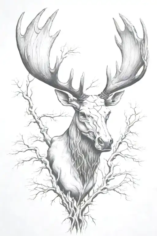Realistic Moose Skull With Skinny Tree Roots