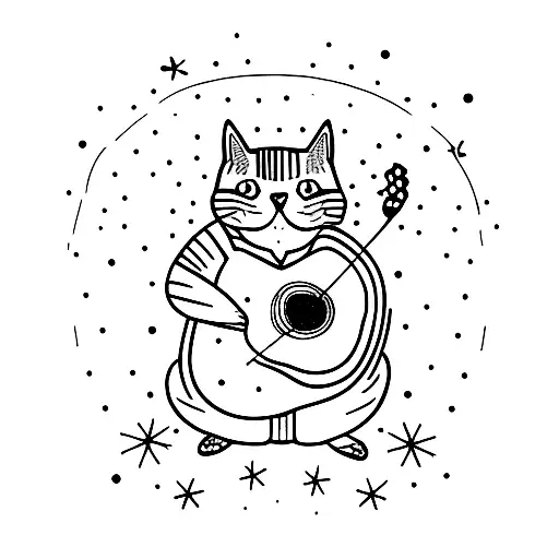 A Tattoo Of A Cat Playing A Ukulele Under A Starry Night Sky