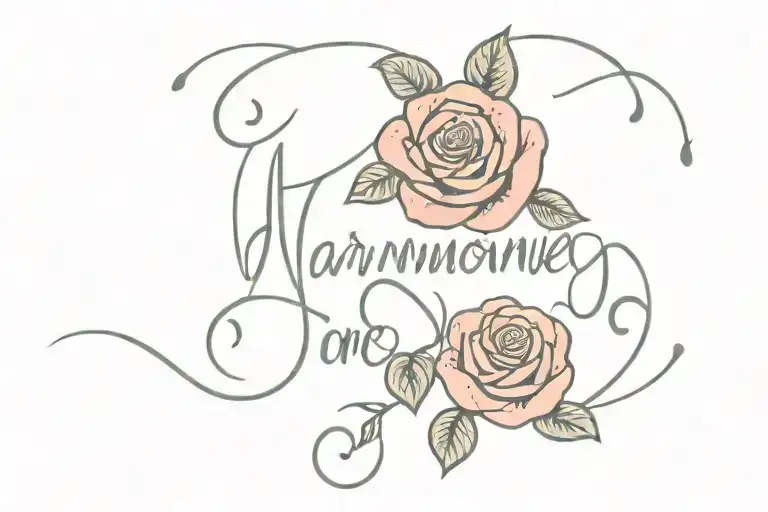 The Word 'Harmoney' Written Once In Cursive With Red Roses Around It