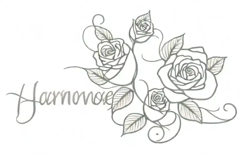The Word 'Harmoney' Written Once In Cursive With Red Roses Around It