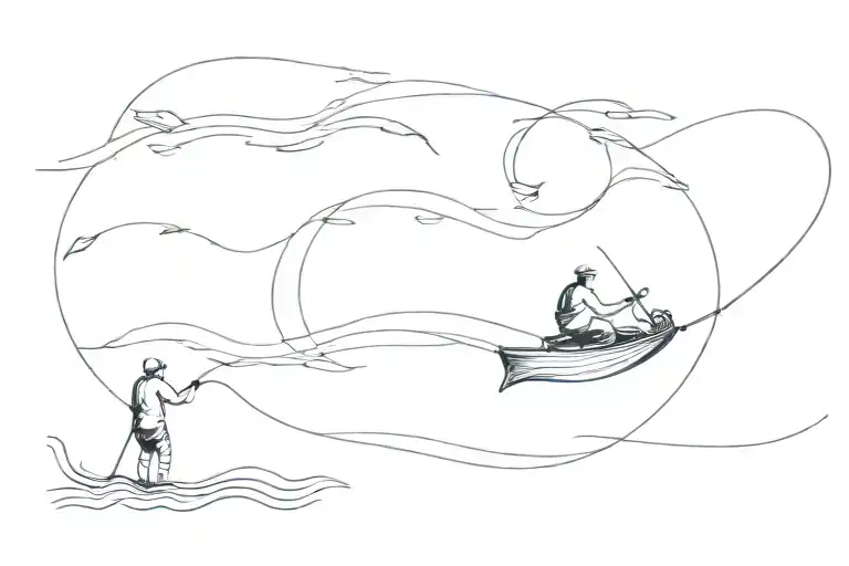 Single Line Tattoo Of A Man Fishing With 3 Names Under The Water With 3 Dates