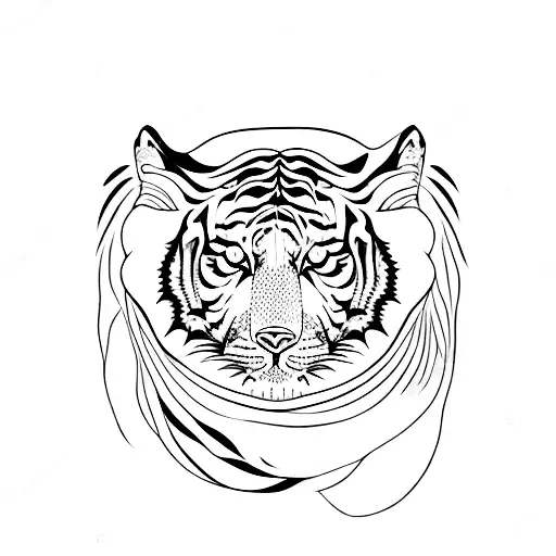 A Minimalist Tiger Silhouette Surrounded By Blooming Lotus Flowers