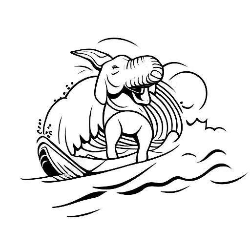 A Minimalist Tattoo Of A Surfing Elephant Catching A Wave