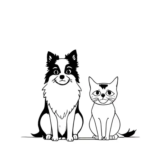 A Black Pomeranian And A Grey British Cat Sit Side By Side