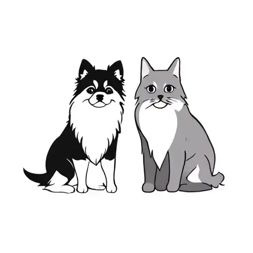 A Black Pomeranian Dog And A Grey British Cat Sit Side By Side