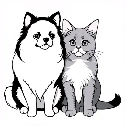 A Black Pomeranian Dog And A Grey British Cat Sit Side By Side