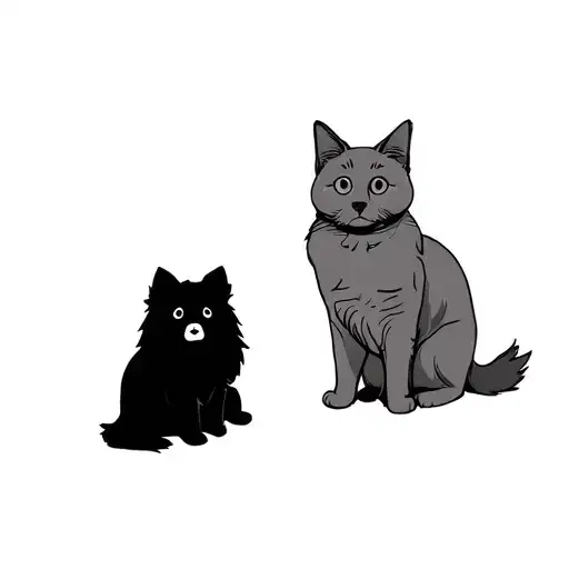 A Black Pomeranian Dog And A Grey British Cat Sit Side By Side