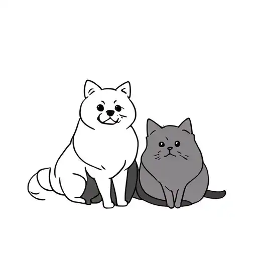 A Black Pomeranian Dog And A Grey British Cat Sit Side By Side
