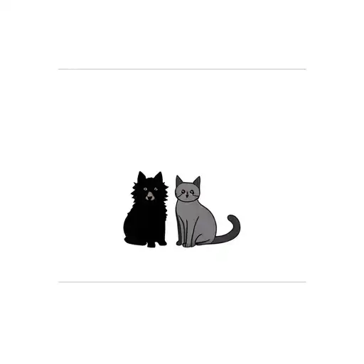 A Black Pomeranian Dog And A Grey British Cat Sit Side By Side