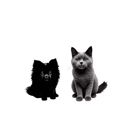 A Black Pomeranian Dog And A Grey British Cat Sit Side By Side