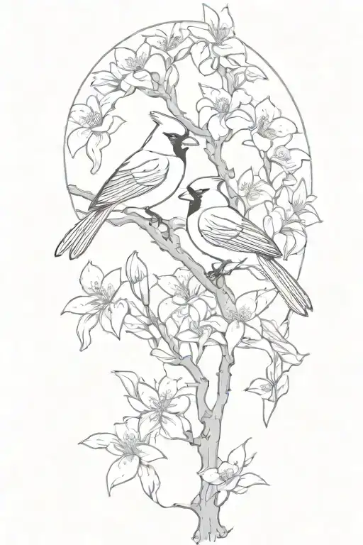 Cardinals Perched On Magnolia And Dogwood Flowers With No Background