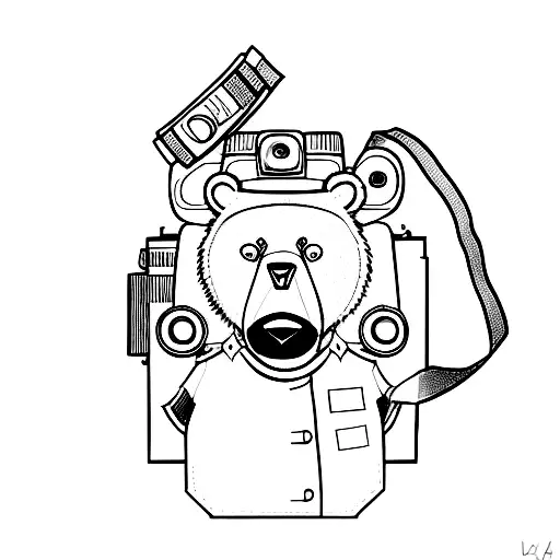 A Detailed Sketch Of A Bear Wearing A Military Uniform And Holding A Film Camera