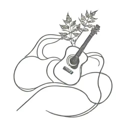 A Minimalist Outline Of A Hiking Trail Winding Around A Guitar And Weed Leaf