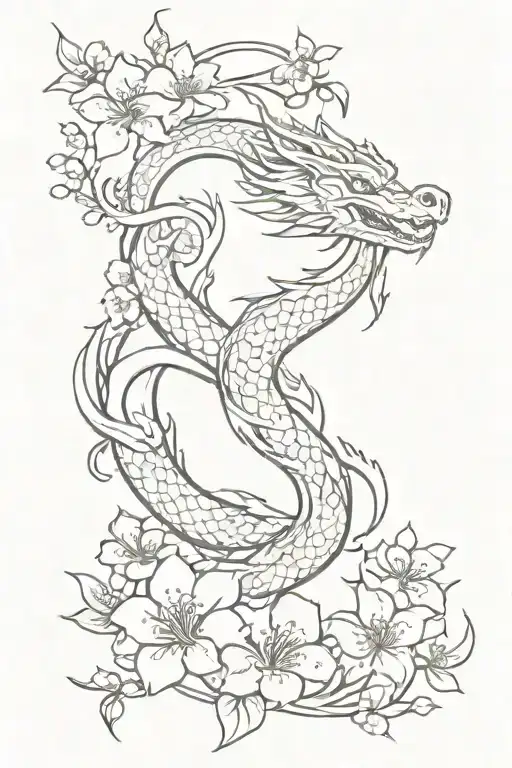 Dragon And Cherry Blossom Flowers