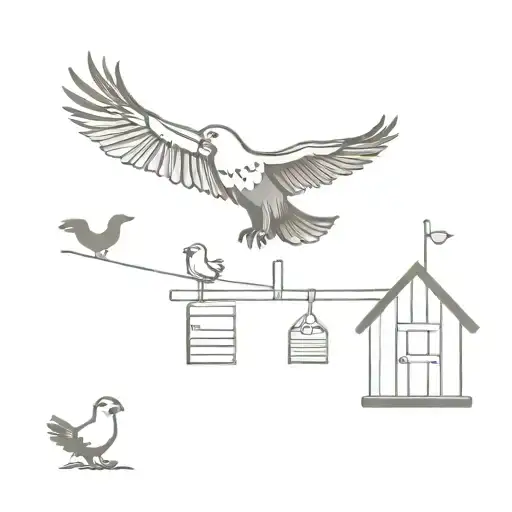 An Eagle Flying Above A Chicken Coop With Three Baby Birds Looking Up At The Eagle Silhouette Style