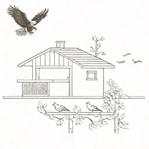 An Eagle Flying Above A Chicken Coop With Three Baby Birds Looking Up At The Eagle Silhouette Style