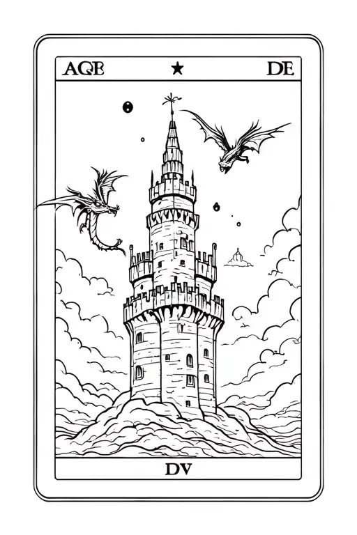 Dragons Flying Around A Tower Tarot Card