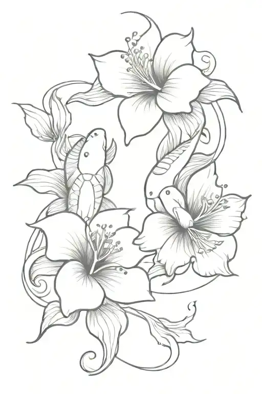 Koi Fish And Hibiscus Flower Intertwined