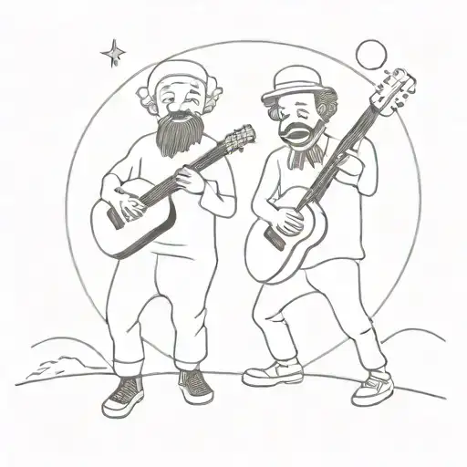 Two Homeless Clowns One Of Them Holding A Guitar And The Other With A Cigar Above Them A Full Moon