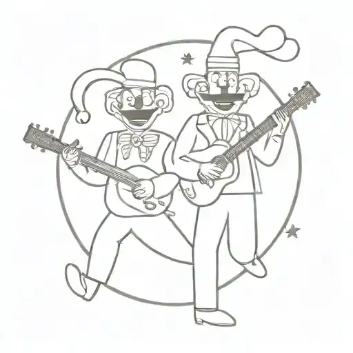 Two Clowns One Of Them Holding A Guitar And The Other With A Cigar Above Them A Full Moon