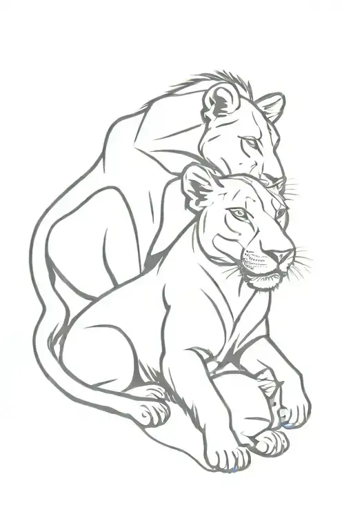 Lioness And Her Cub Playing Fine Line