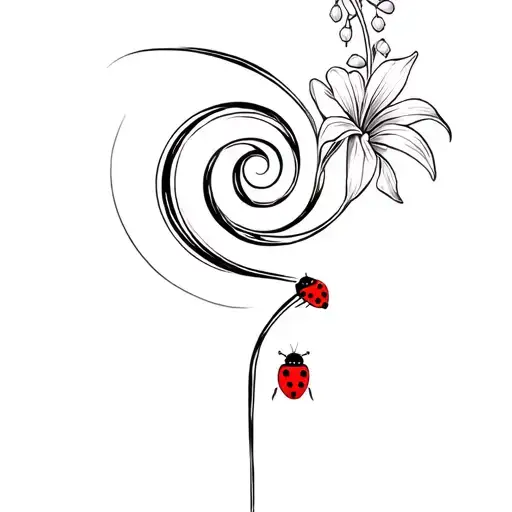 Drinked Spiral In Black And White With A Red Ladybug And Lily Of The Valley