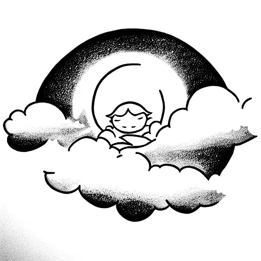 Baby Angel Sleeping Above The Cloud In Front Of The Big Sun