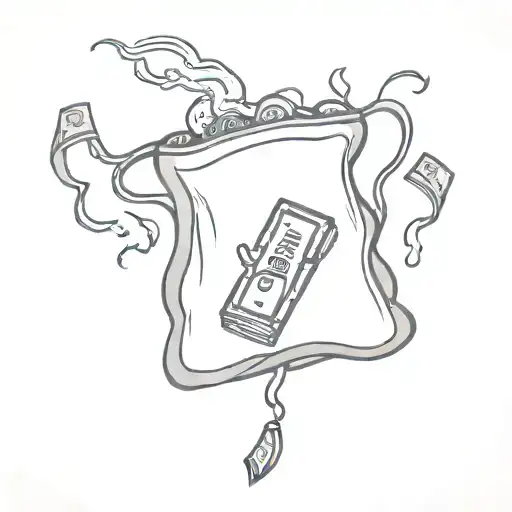 Money Bag With Money Flying Out Of It And Smoke