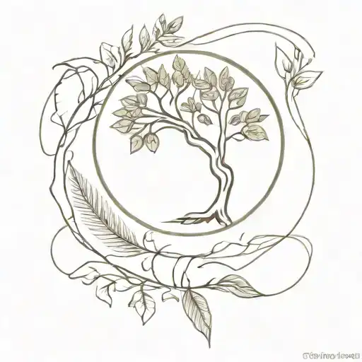 Tree Of Life And Tropical Foliage Tattoo Around Arm With Leaf Lines