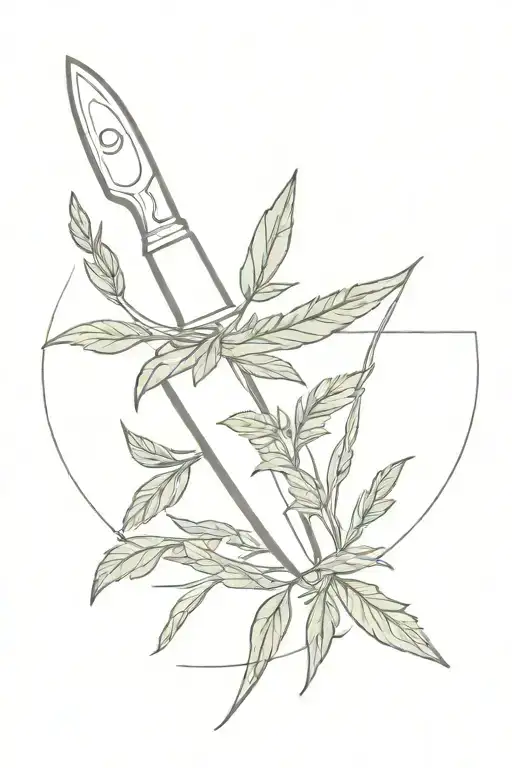 Chef Knife Intertwined With Fresh Herbs Intertwined